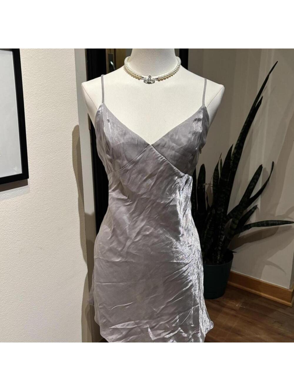 H&M Silver Satin Slip Mini Dress Small 90s Coquette Clean Girl